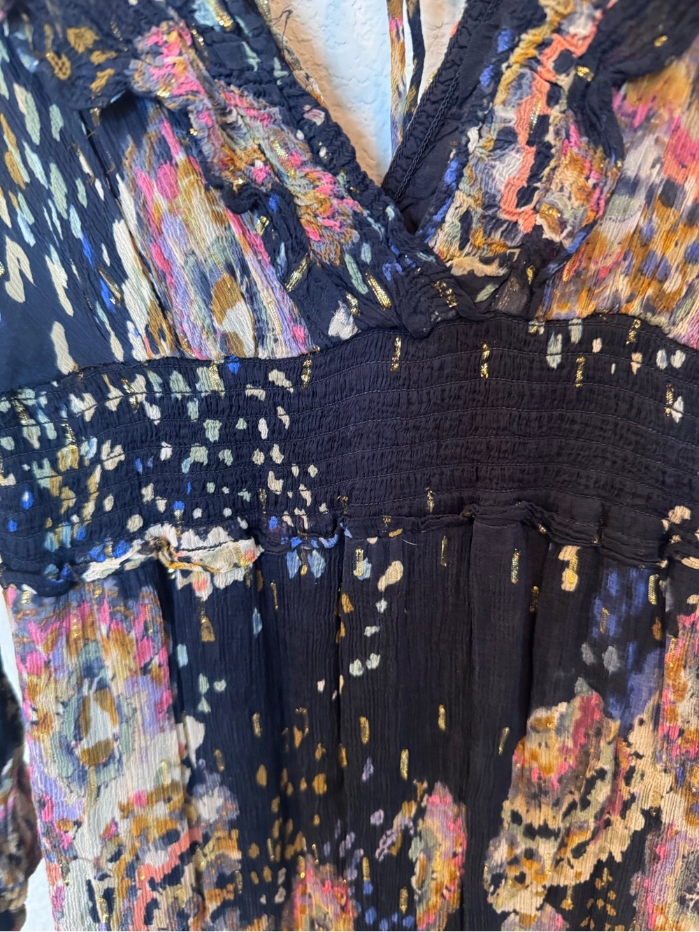 Anthropologie Small Boho Floral Sheer Sleeve Midi Dress Navy with pockets :) - Picture 4 of 15